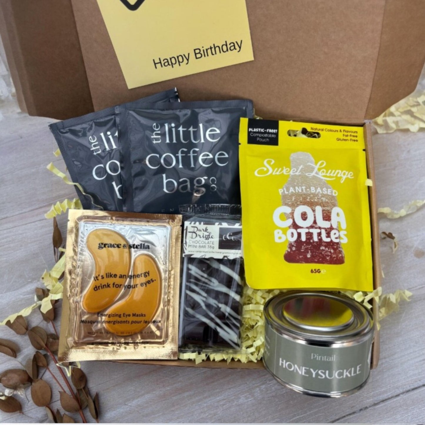 One Box of Peace gift box for Dad, includes coffee bags, cola bottles, chocolate bar, eye masks, and honeysuckle candle.